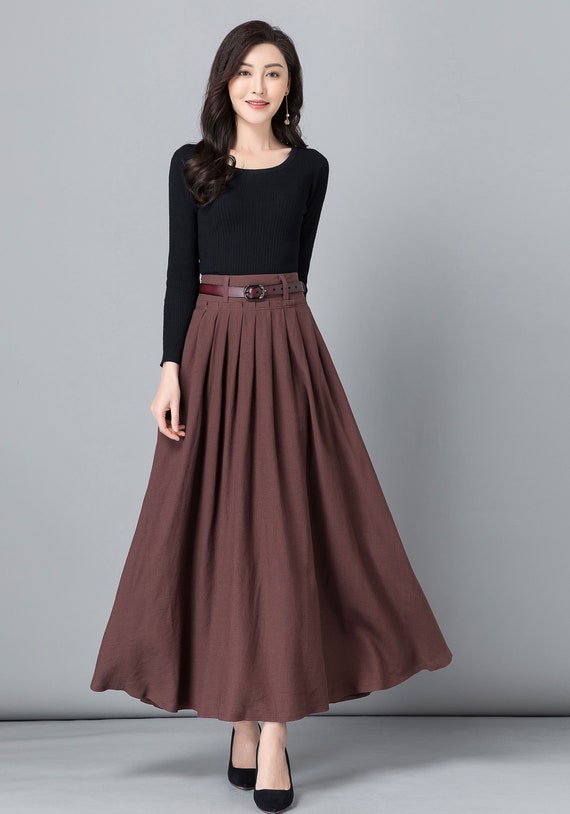 Brown A -Line Swing Pleated Linen Maxi Skirt 2539 Brown A -Line Swing Pleated Linen Maxi Skirt 2539