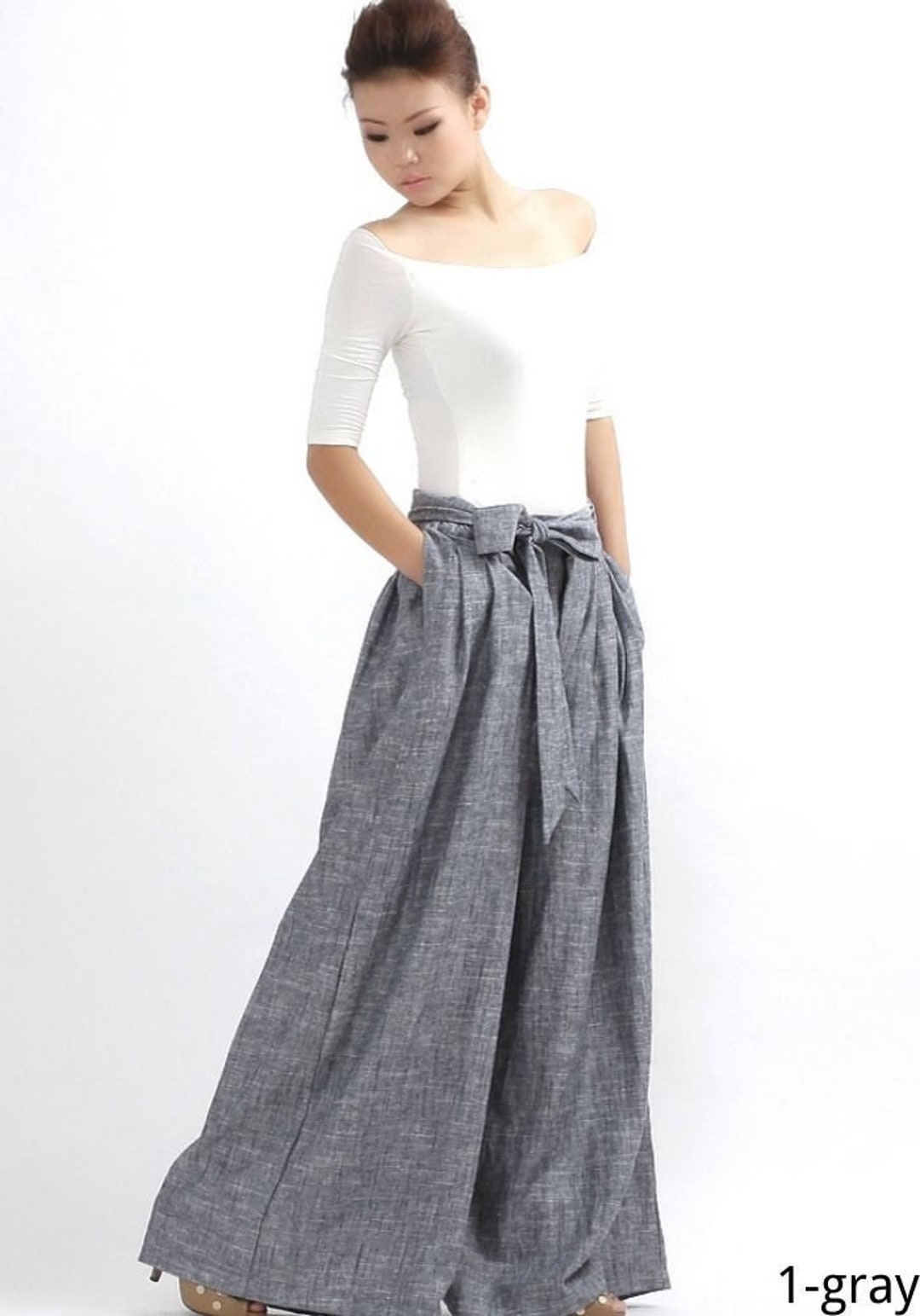 Women's Pleated High Waisted Wide Leg Pants, Belted Palazzo Trousers, Grey  Linen Pants, Long Linen Pants, Women Linen Pants, Xiaolizi 0308 
