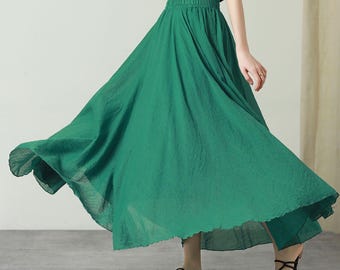 Falda de lino y algodón, falda larga, falda verde para mujer, falda con vuelo para verano y primavera, falda larga fluida, falda bohemia, falda personalizada, Xiaolizi 6176