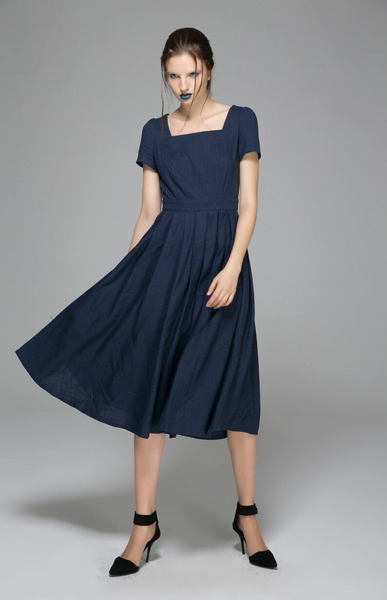 Puff-Sleeve Cold-Shoulder Plain Ruffle Asymmetrical Midi A-Line Dress main image 1