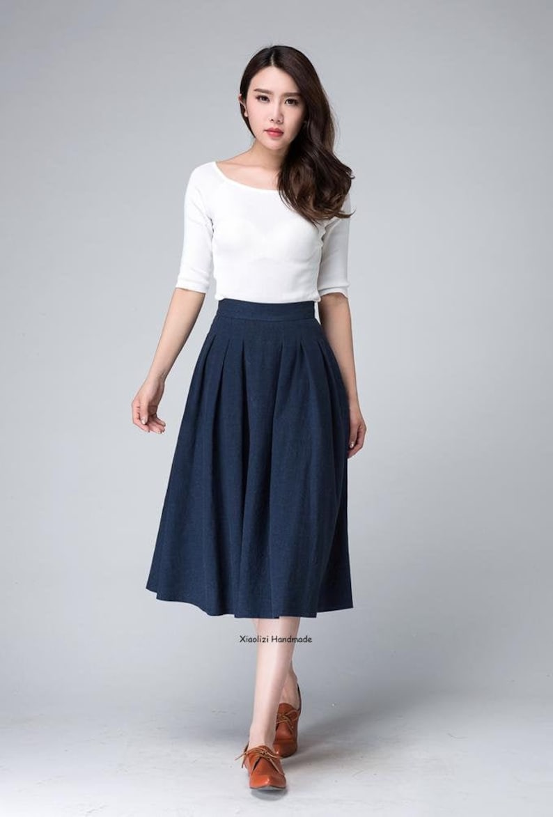 High Waist A Line pleated midi skirt, Women's swing vintage skirt with pockets, Linen midi skirt, Xiaolizi 1500 Blue-1500-21-4