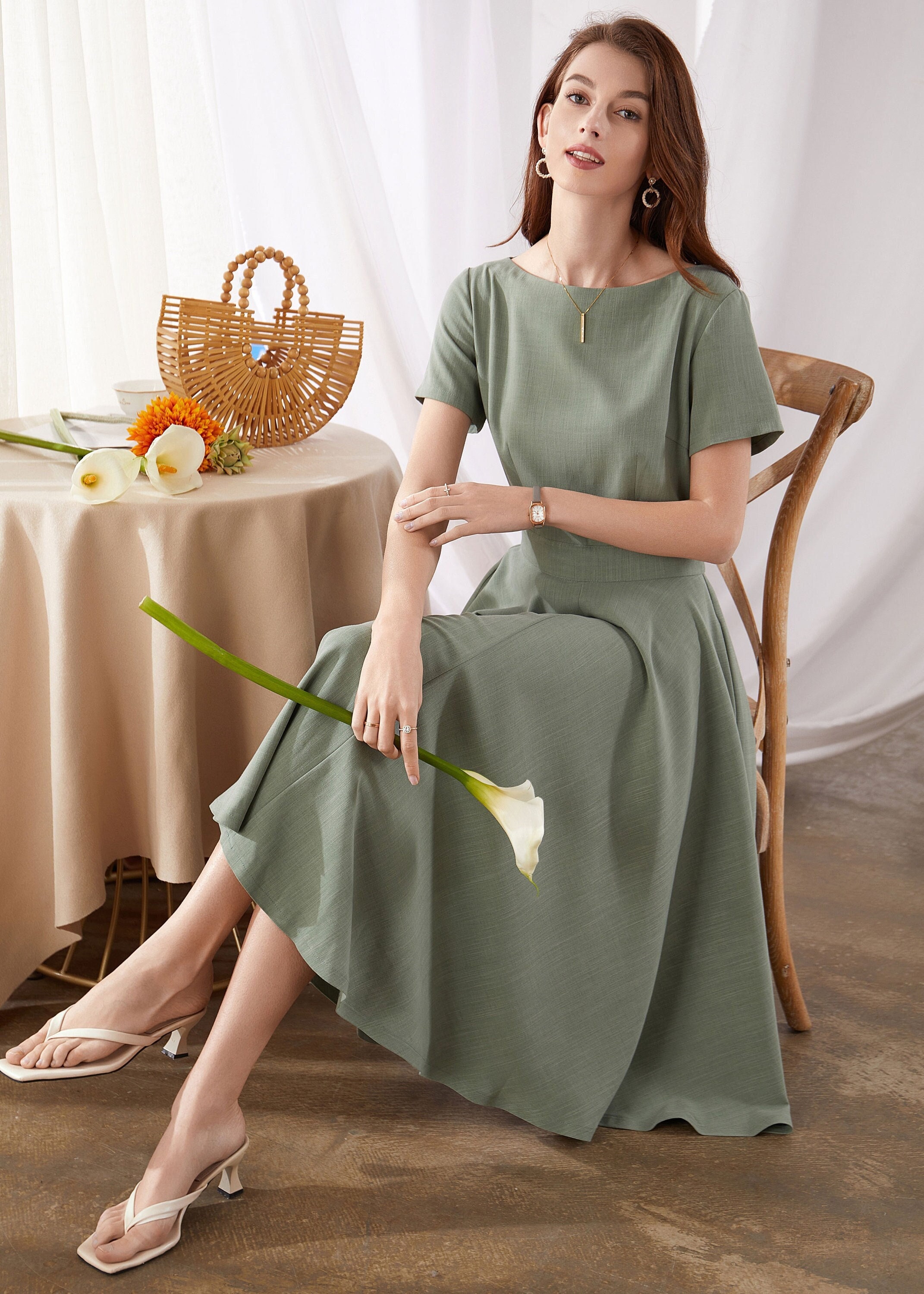 Womens summer Boat Neck Swing Midi Dress 3380# Womens summer Boat Neck Swing Midi Dress 3380#