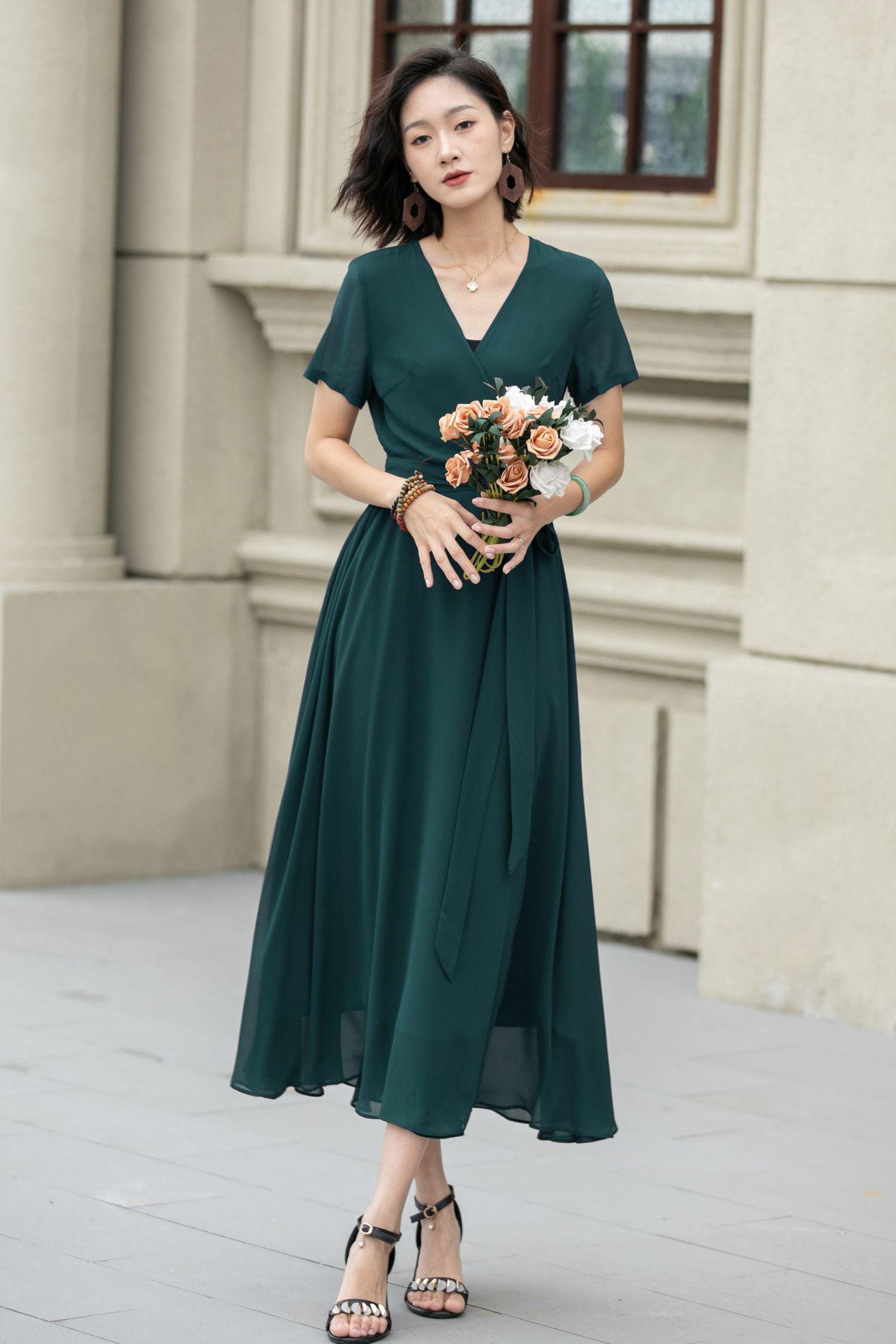 Chiffon Dress, Wrap Dress, Summer Midi Chiffon Dress, Womens