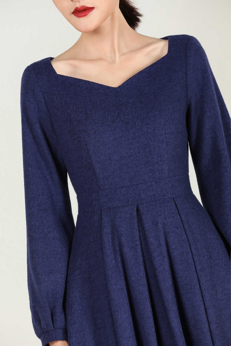 Long wool Maxi dress, Long sleeve wool dress, Blue wool dress, Wool dress, Woman dress, fit and flare dress, Autumn winter dress 2430# image 8