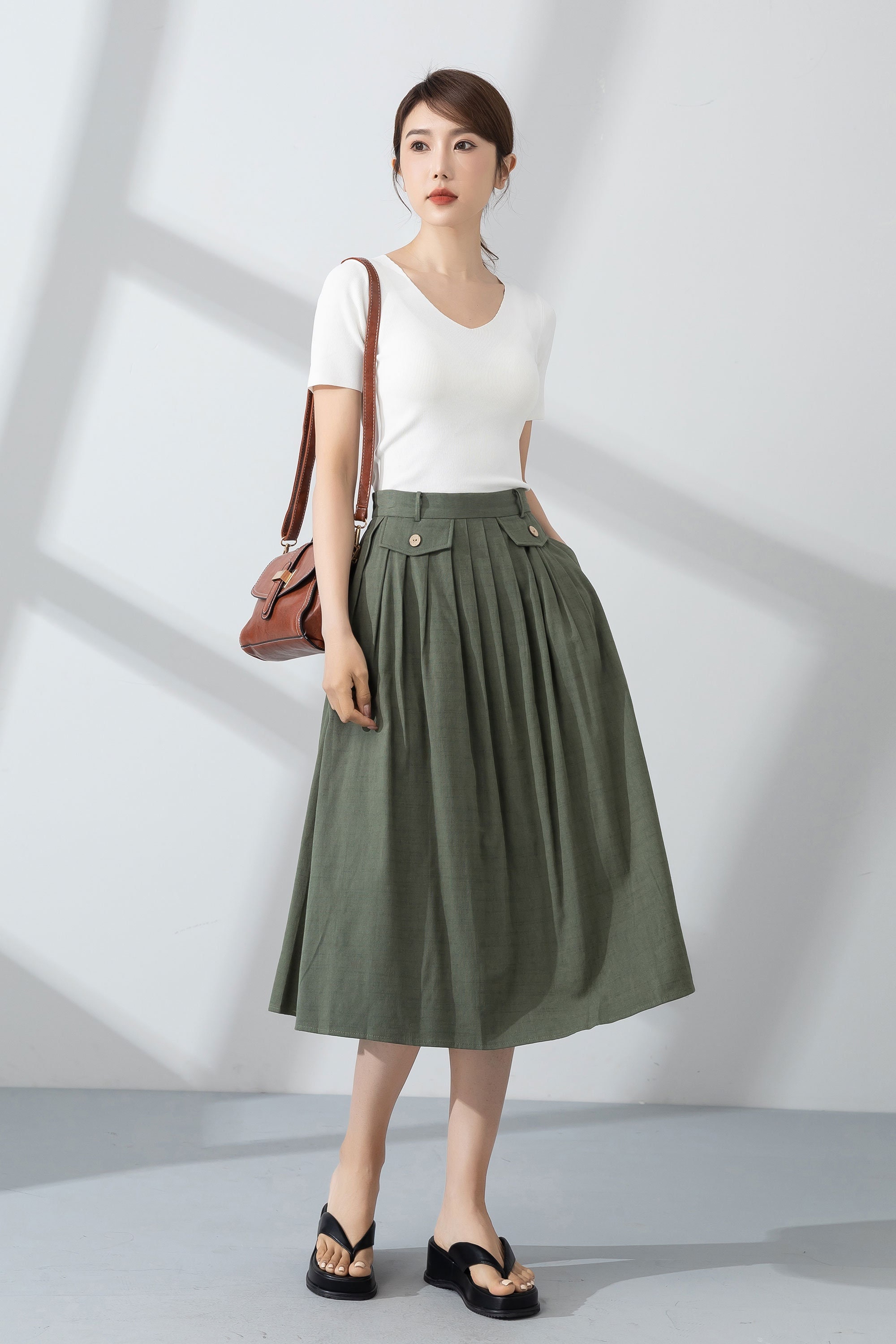 Green pleated linen skirt for women summer 4232 Green pleated linen skirt for women summer 4232
