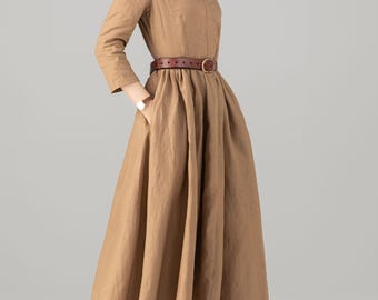Women's Button Shirt Dress – V-Neck, Long Sleeve, Pockets, Pleated Swing Midi Dress (Khaki, Medium) - View #3