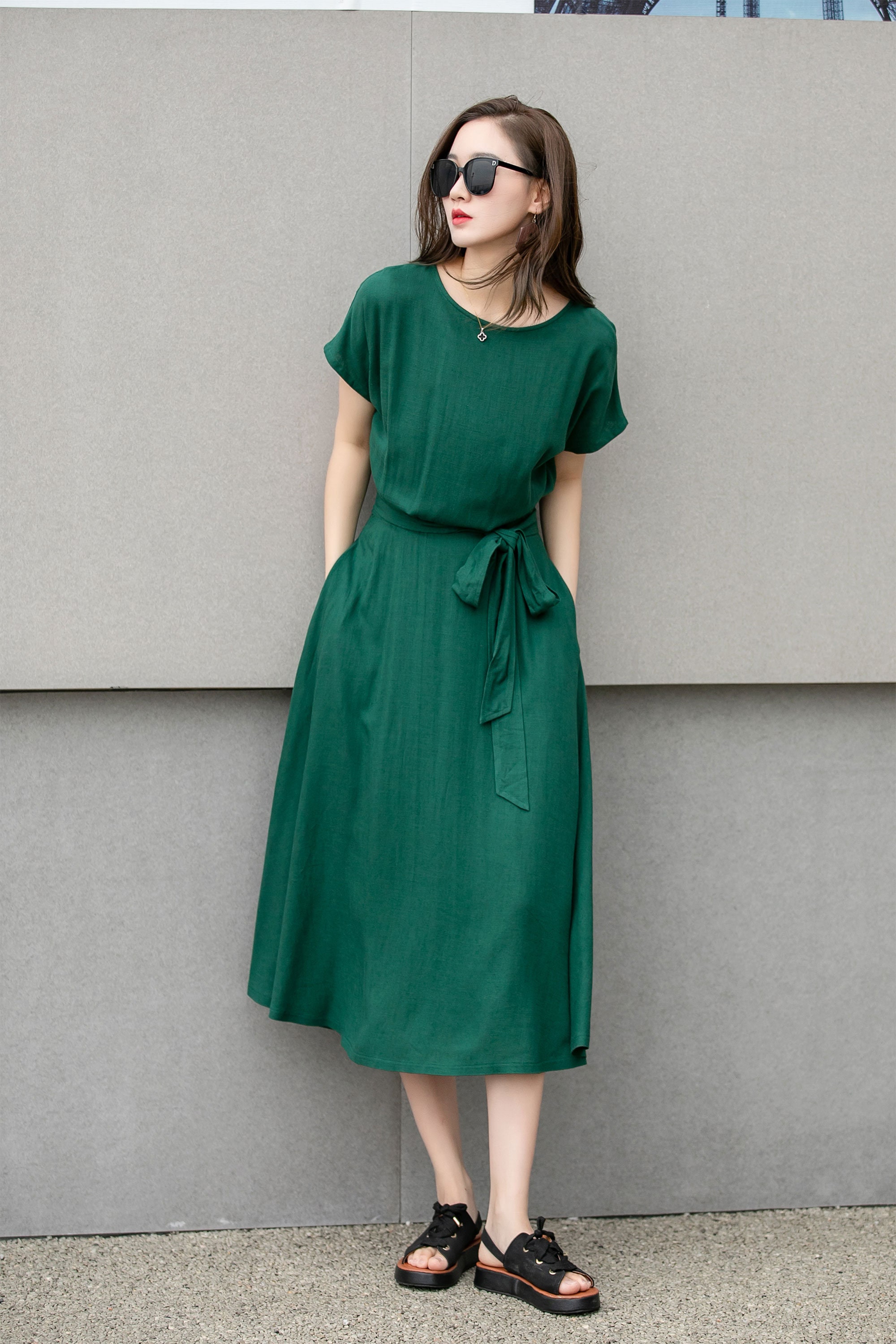 【関税&送料込】ZEGNA Dresses Belt Linen Dress, Women's Green Linen Midi Dress, A- Line