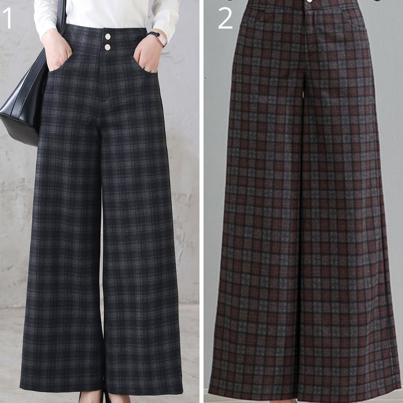 Long Plaid Wide Leg Wool Pants, Vintage Inspired Women's Pants, High Waist Pants with Pockets, Baggy Pants, Plus Size Pants Xiaolizi 3124 2-plaid pants