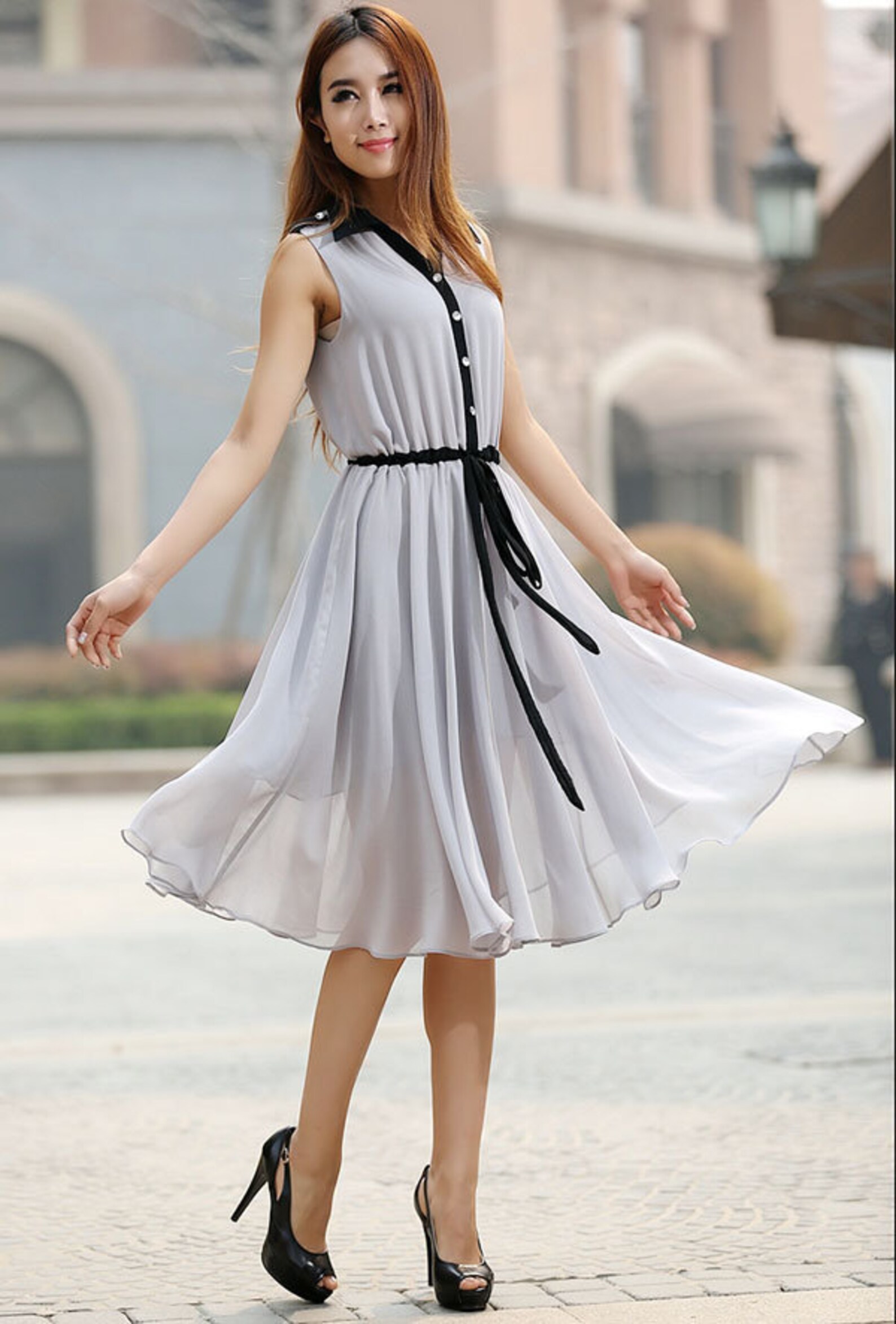 Grey dress chiffon dress knee length dress sleeveless Etsy