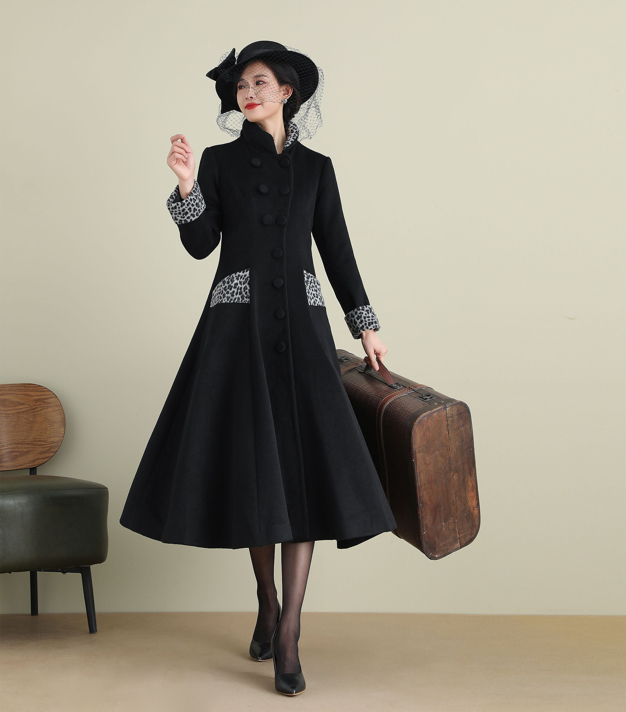 Womens Wool Maxi Winter Long Swing Coat, Black Wool Coat, Swing