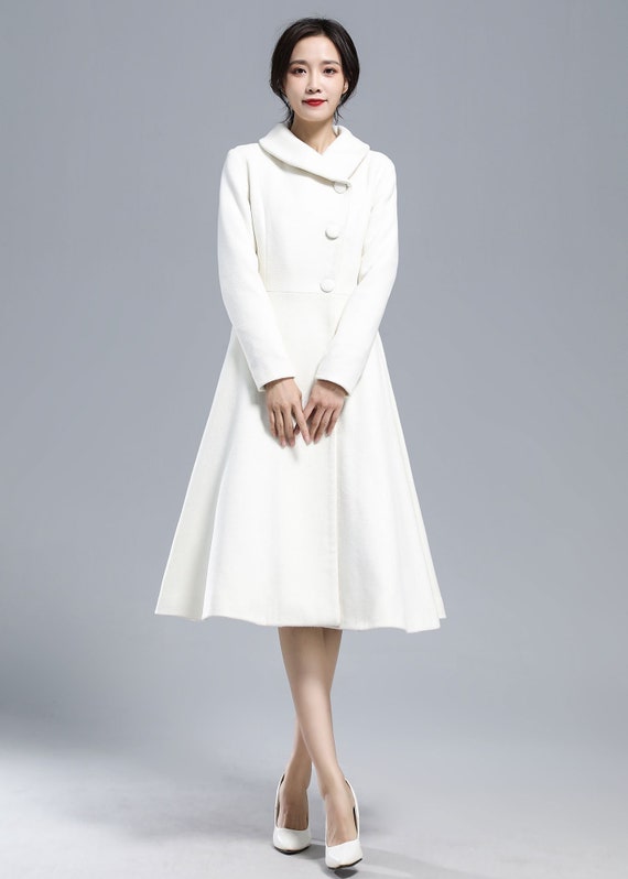 Abrigo largo de lana blanca, abrigo de lana ajustado, abrigo de