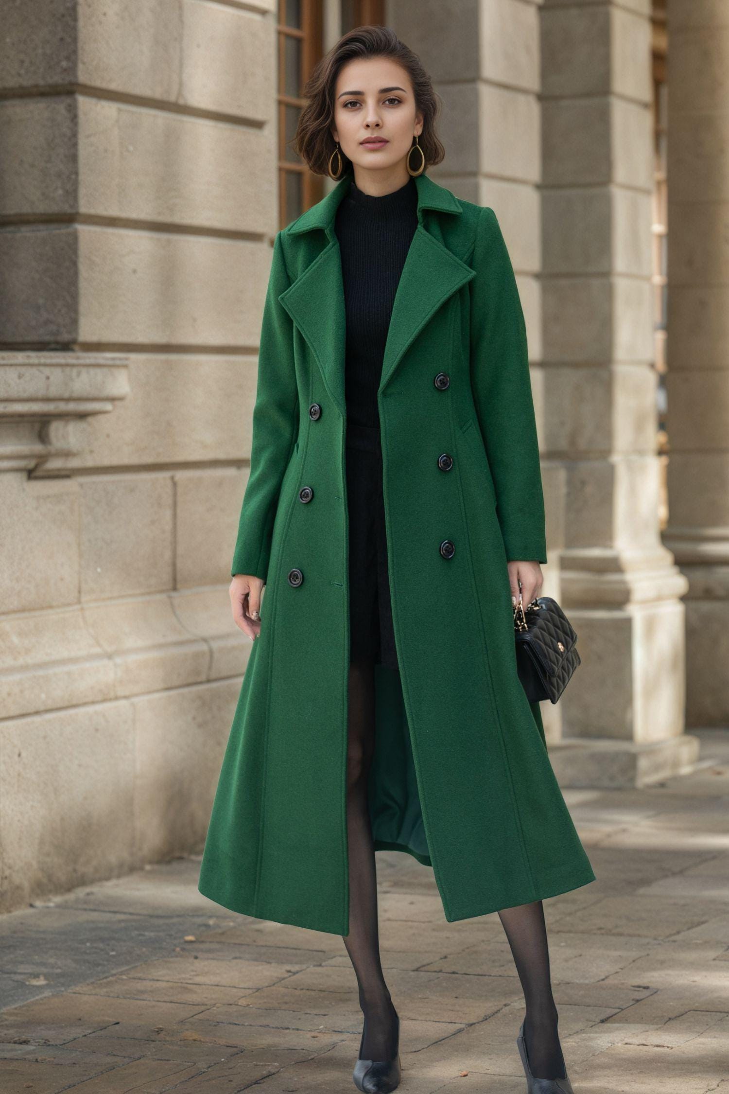 Forest Green Wool Coat: Handmade Double Breasted Winter Coat
