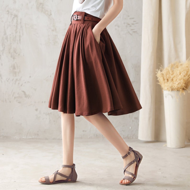 Women Pleated Circle Knee Length Linen Skirt, Swing Midi Skirt, A Line Flare skirt, Brown skirt, Vintage Summer skirt, Custom Skirt 2589 image 4