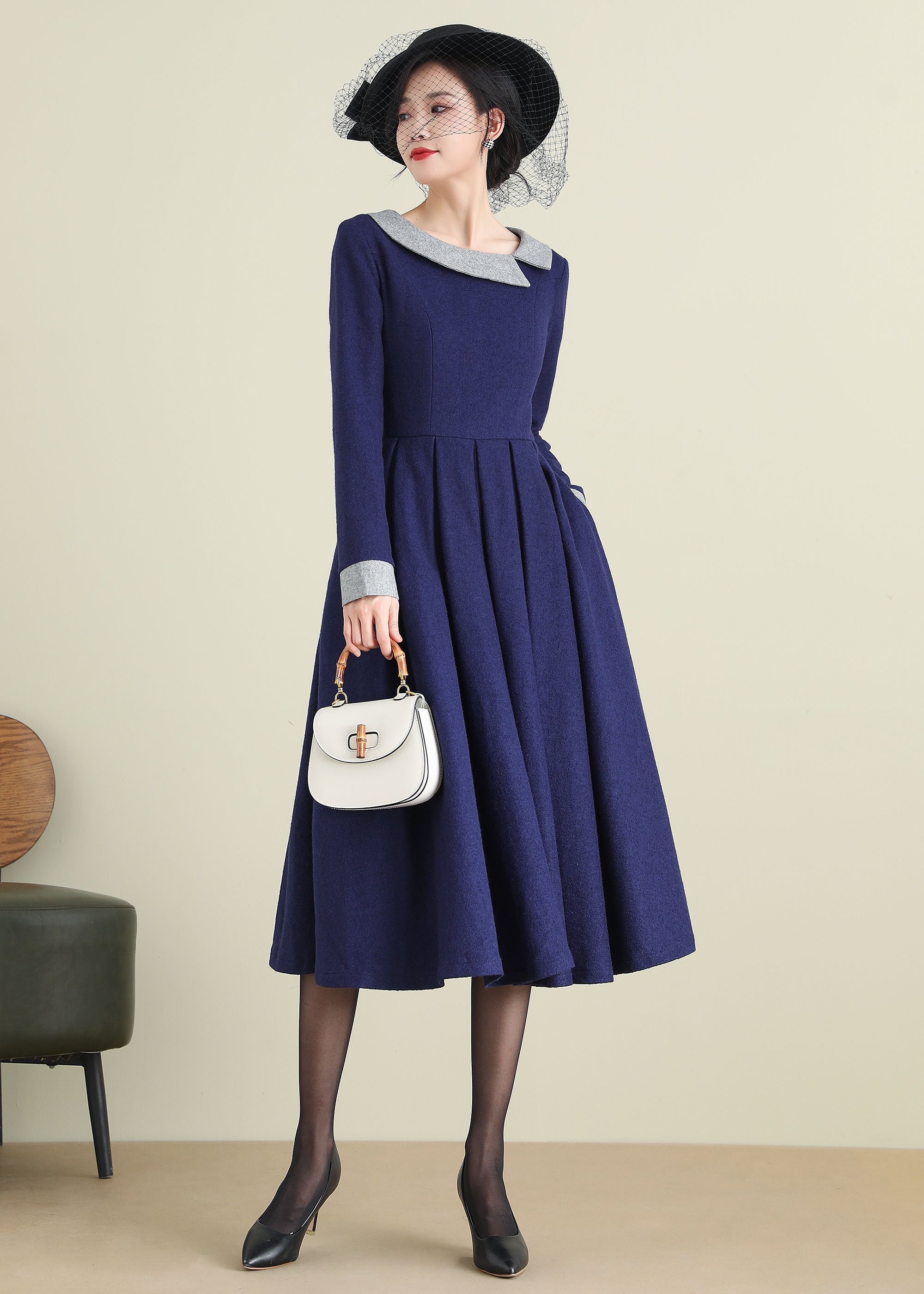 Wool Autumn Midi Dress | Xs Navy Blue Women Long A-line 3892 Handmade By Xiaolizi Wool Autumn Midi Dress | Xs Navy Blue Women Long A-line 3892 Handmade By Xiaolizi