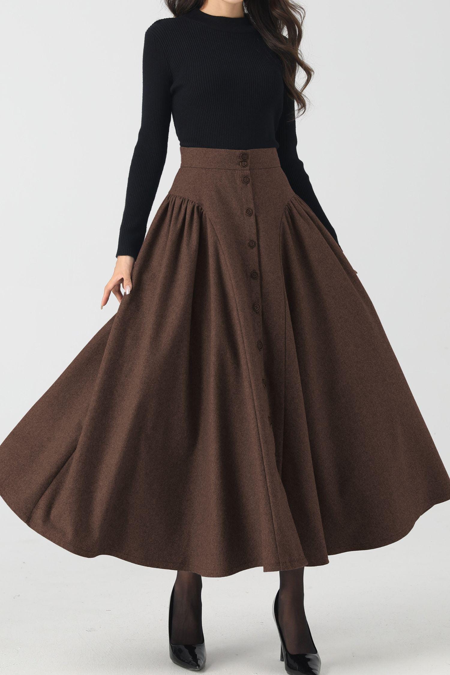 Brown Wool A-line Skirt: Button Front Midi, Plus Size, Weekend Brown Wool A-line Skirt: Button Front Midi, Plus Size, Weekend