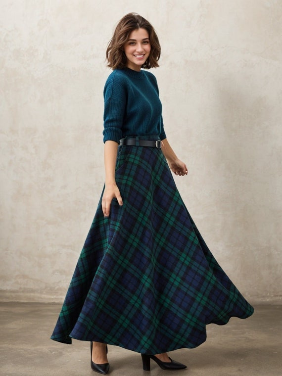 Vintage Inspired Long Wool Plaid Skirt, Tartan Winter Maxi Vintage Inspired Long Wool Plaid Skirt, Tartan Winter Maxi