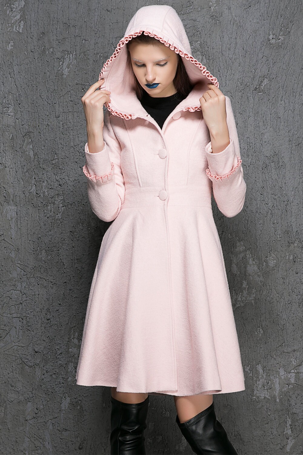 Hooded Swing Coat in Pink, Hooded Wool Coat, Womens Coats, Winter Coat,  Ladies Clothing, Mod Clothing, Autumn and Winter Coat Outfit 1352 
