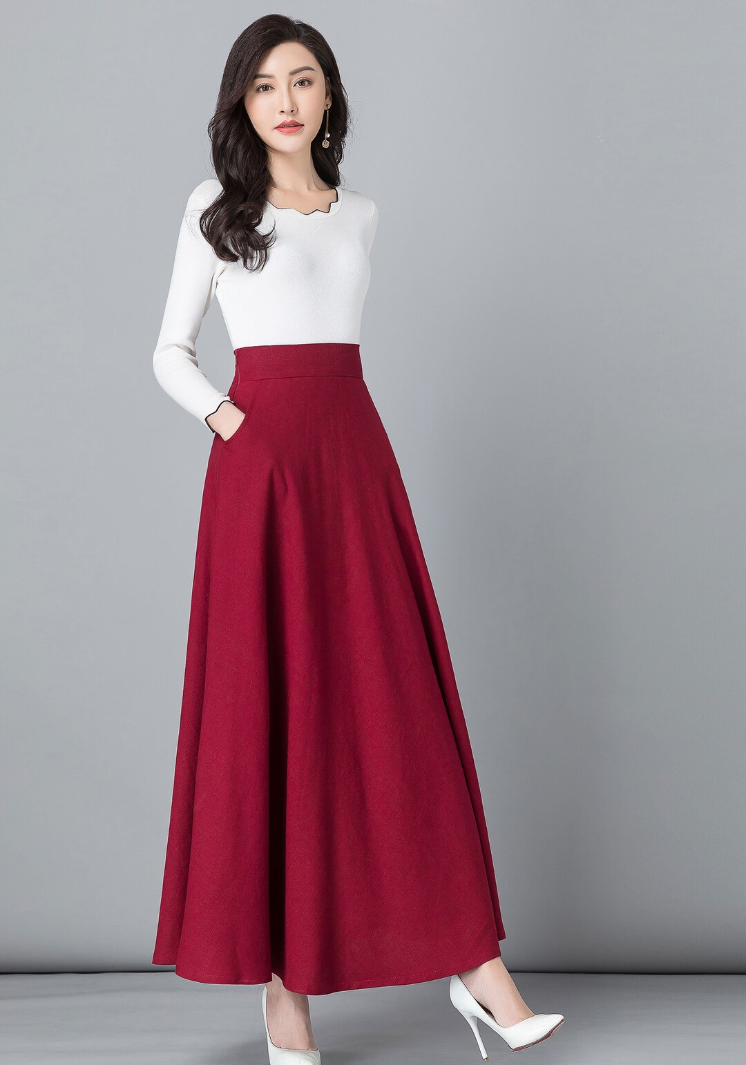 Red Maxi Skirt, Linen Skirt, Maxi Cotton Linen Skirt
