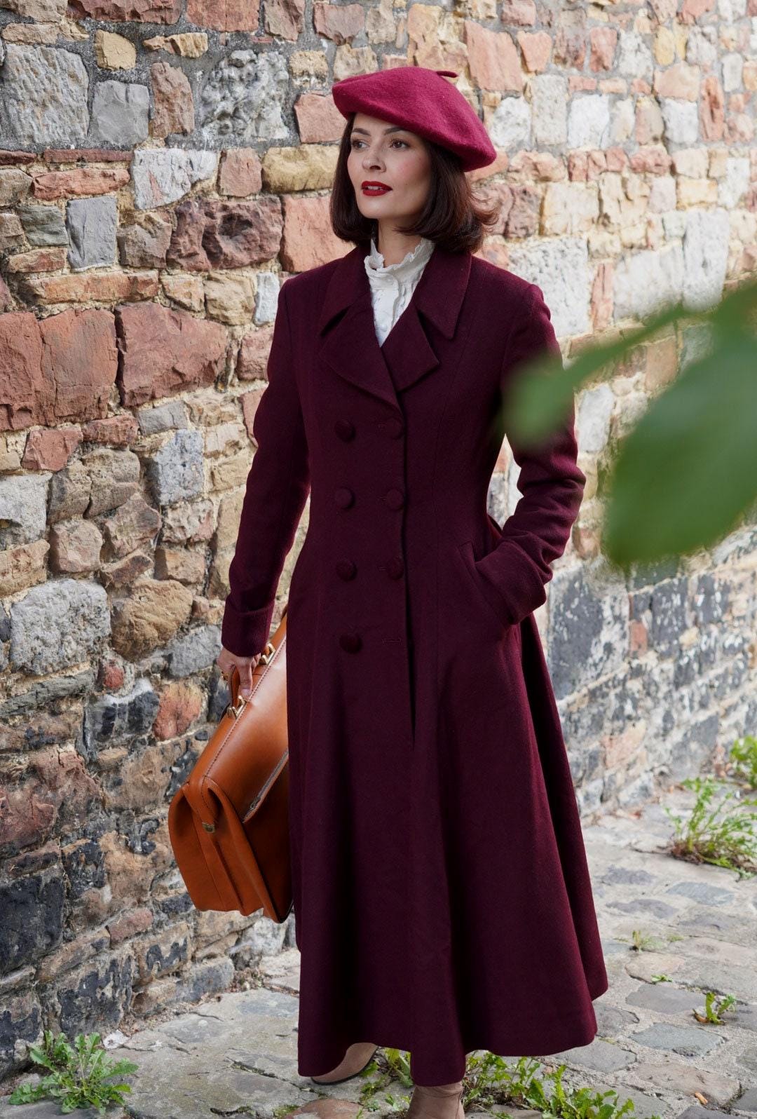 Wool Coat, Wine Red Wool Princess Coat, 1940s Wool Coat
