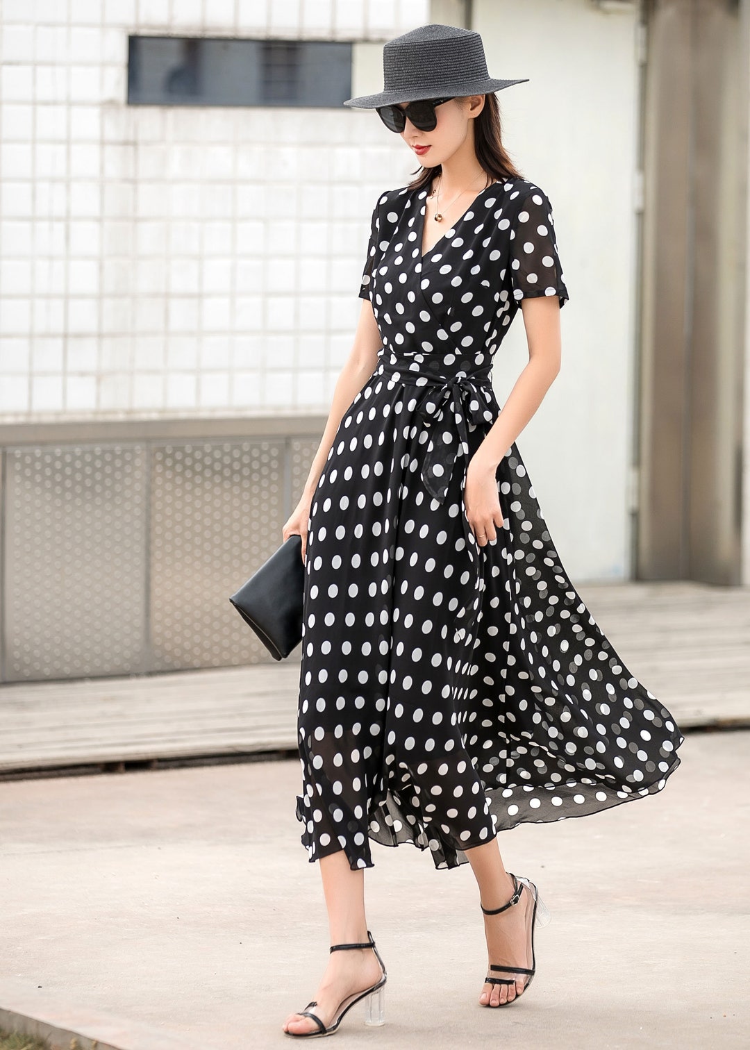 Black Polka Dot Chiffon Dress Summer Woman Wrap Dress Short 