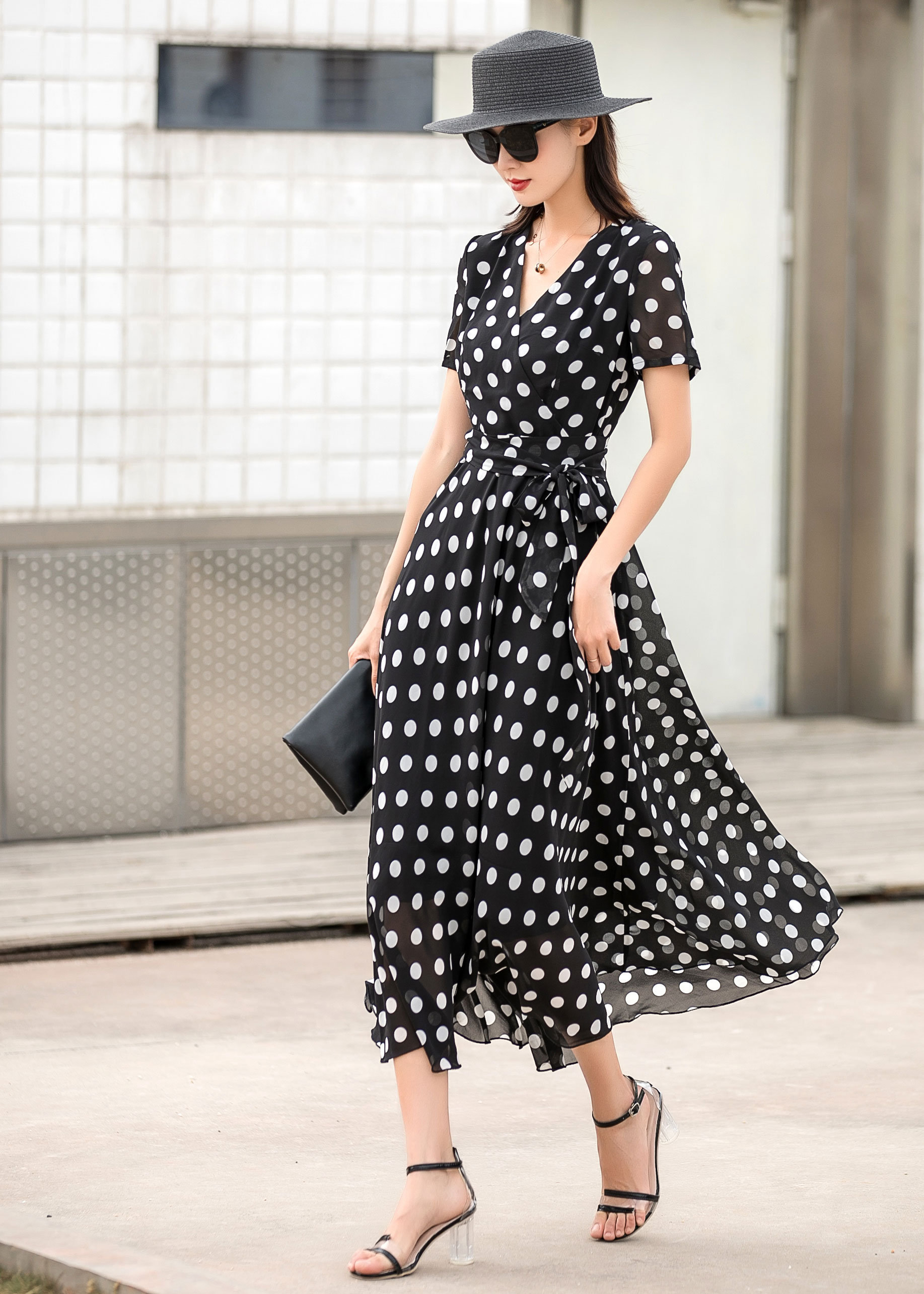 Zwarte polka dot chiffon jurk zomer jurk korte Etsy Nederland