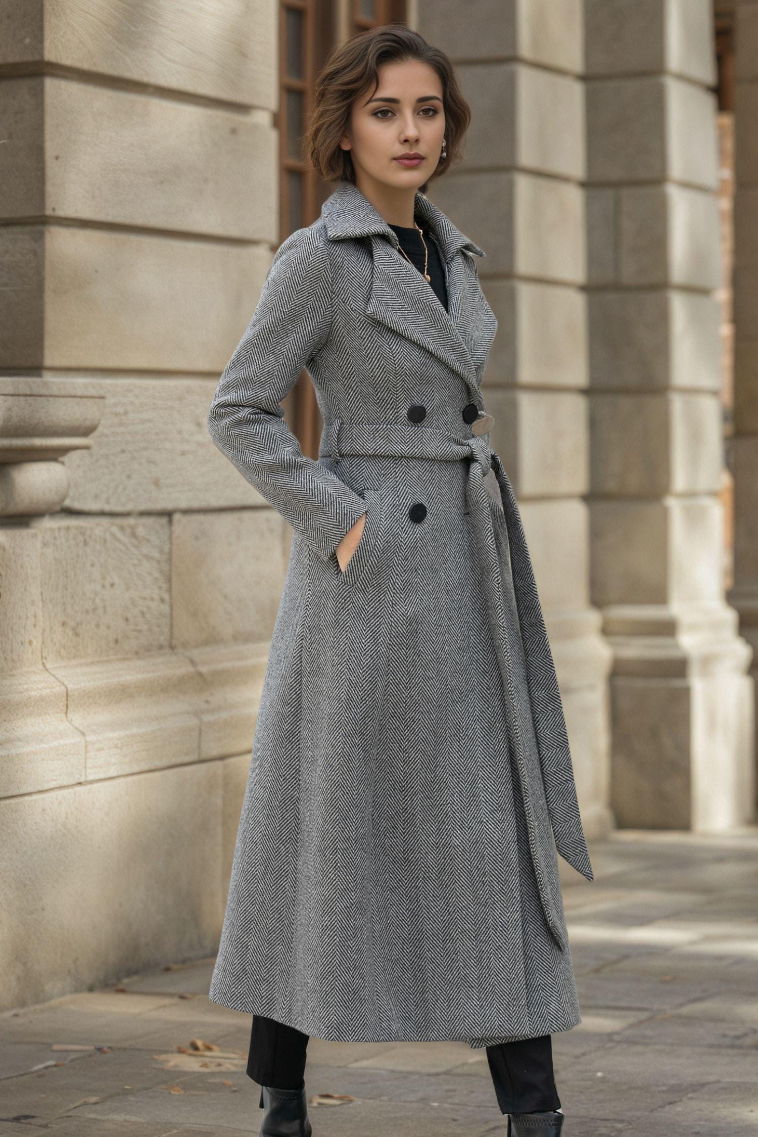 Generico Trench Da Donna con Revers A Lancia, Giacche In Misto Lana, Cappotto Pied De Poule, Blazer Monopetto, Lungo Soprabito con Tasche, Abbigliamento Casual per Autunno Inverno, Marrone S