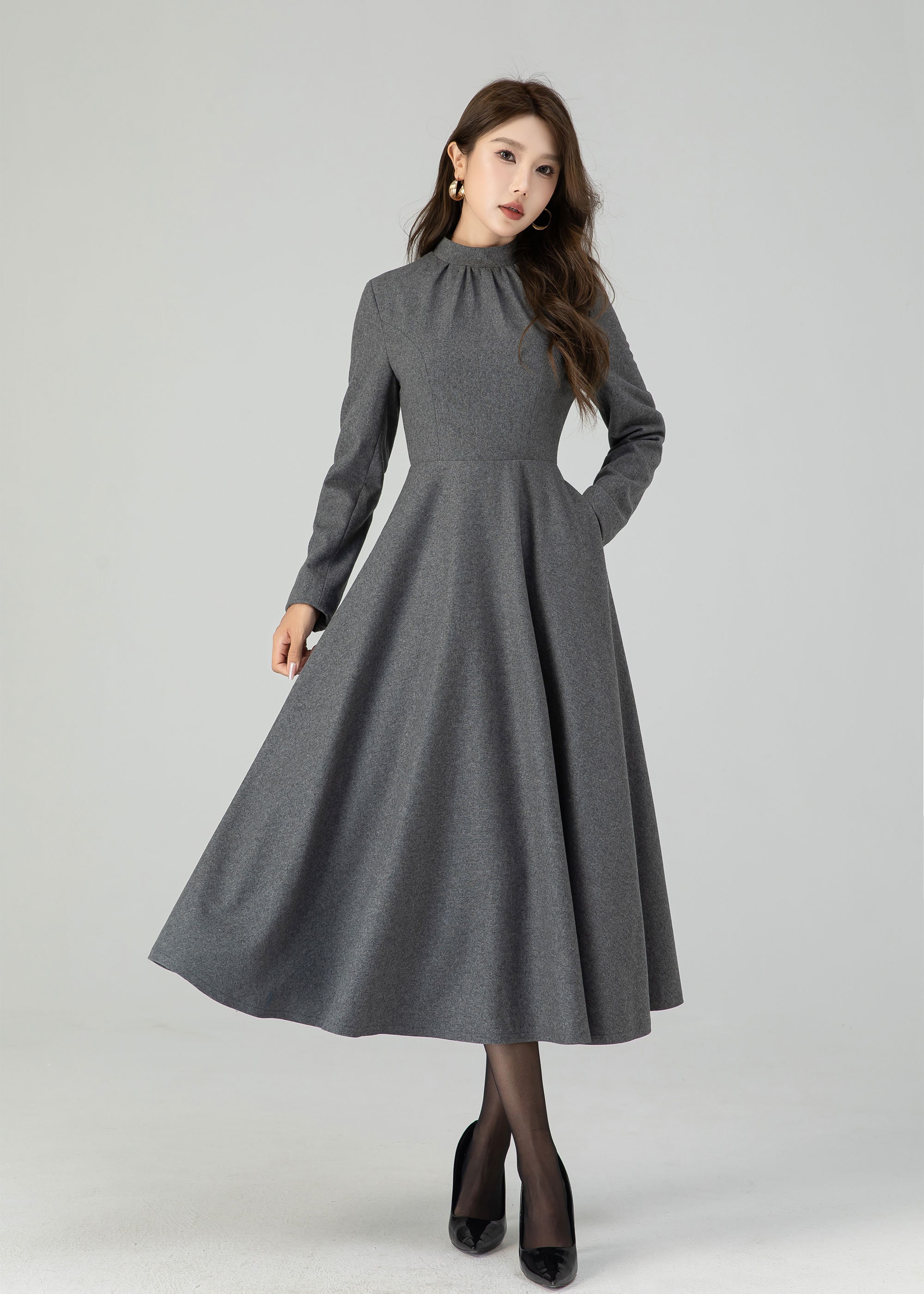 Wool Midi Dress: Retro A-line Gray Winter Dress, Custom, Xiaolizi