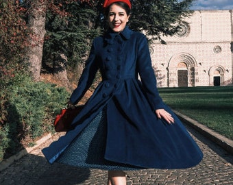 Abrigo princesa de lana azul oscuro de la década de 1940, abrigo de lana largo de doble pecho, abrigo Mod Maxi, abrigo de invierno para mujeres, abrigo swing, abrigo de lana elegante 1971