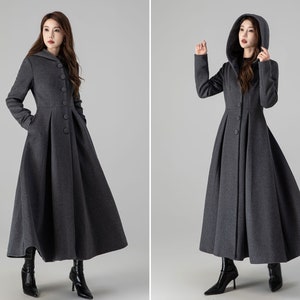 Dark Gray wool coat, Long Swing wool Coat, Hooded wool coat, Single Breasted Wool Coat, Fit and Flare Coat, Custom Warm Winter Coat 4507#