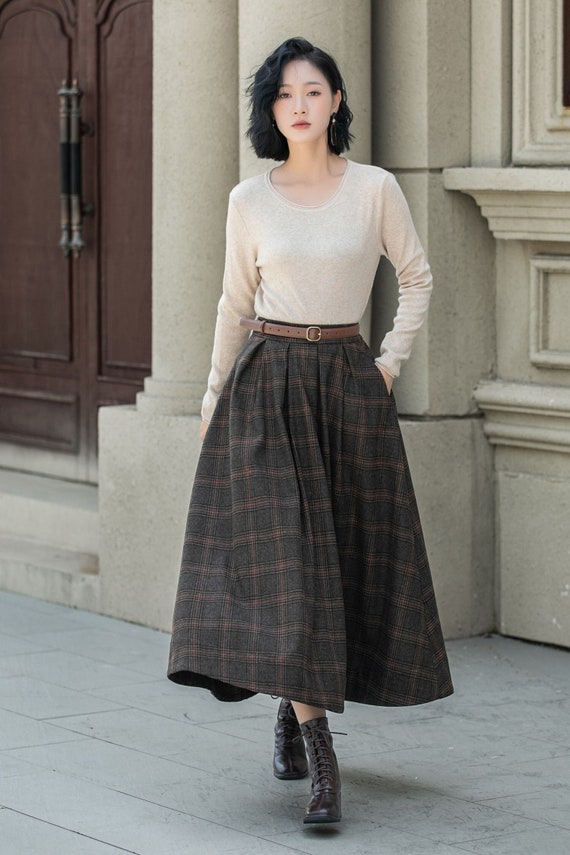 スカート LENINA [Minha wearing] ELIZIA wool check skirt_2colors Handmade Women's Vintage Plaid Wool Long Skirt 3102 – XiaoLizi