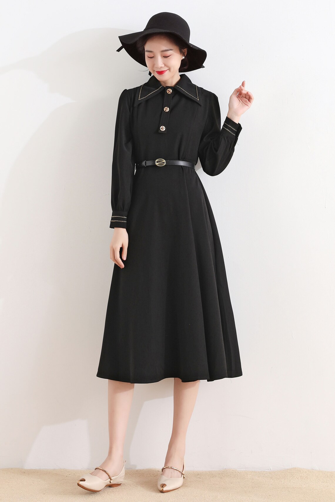Long sleeve Shirtwaist Dress Vintage inspired Black midi | Etsy