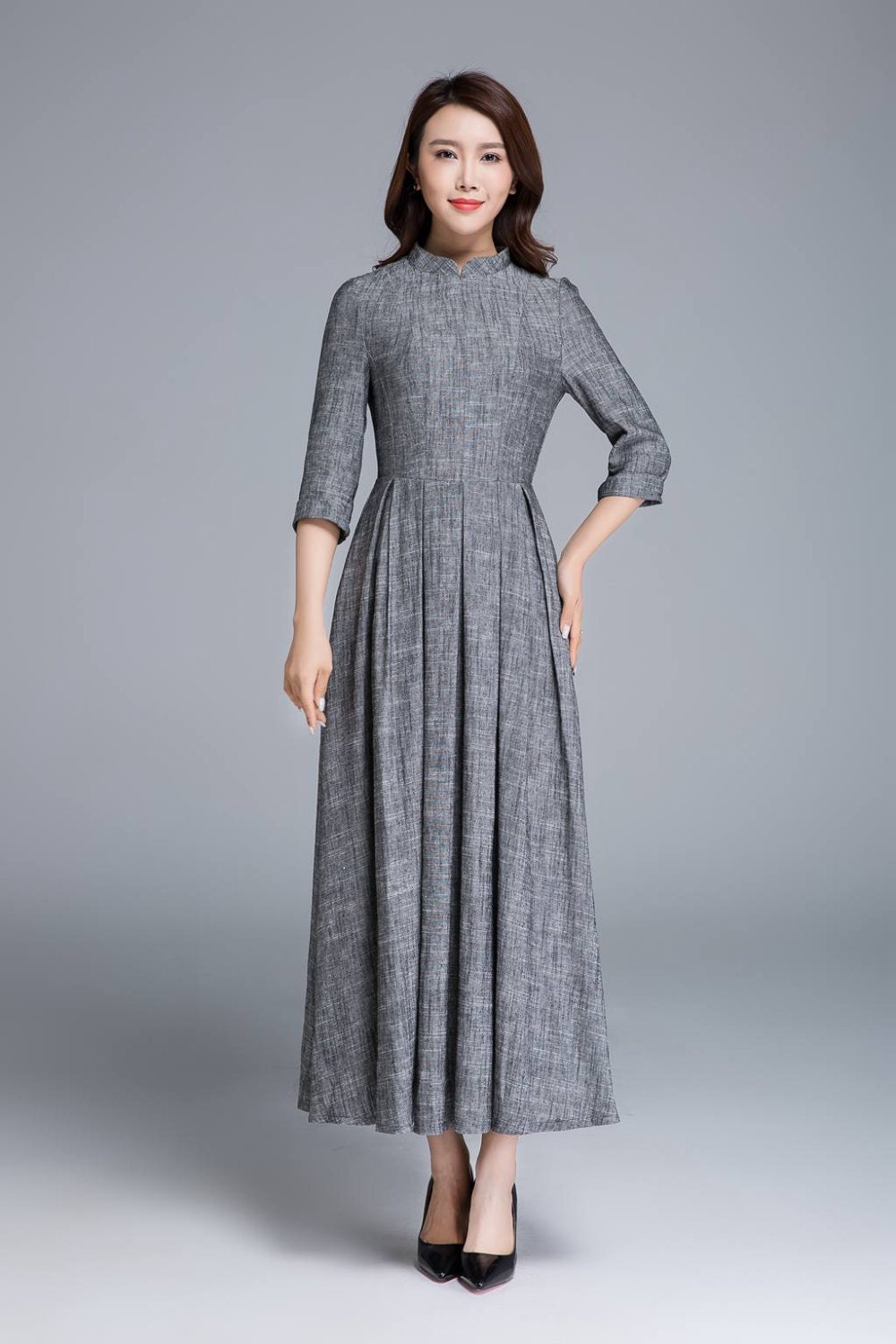 Comfy dress dark gray dress linen dress fitted dress Etsy