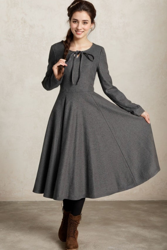 AUSELILY Vestiti Donna Invernali - Vestito Donna Avvolgente con Scollo a V Manica Lunga Leggero e Fluido Elegante Casual Eleganti con Tasche Albicocca Foglie Nere S