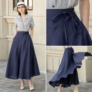 Linen skirt, Swing Linen Skirt, Wrap linen skirt, Linen Long Skirt, Blue Linen Skirt with Pockets, A Line Skirt, Custom Skirt, Xiaolizi 4903