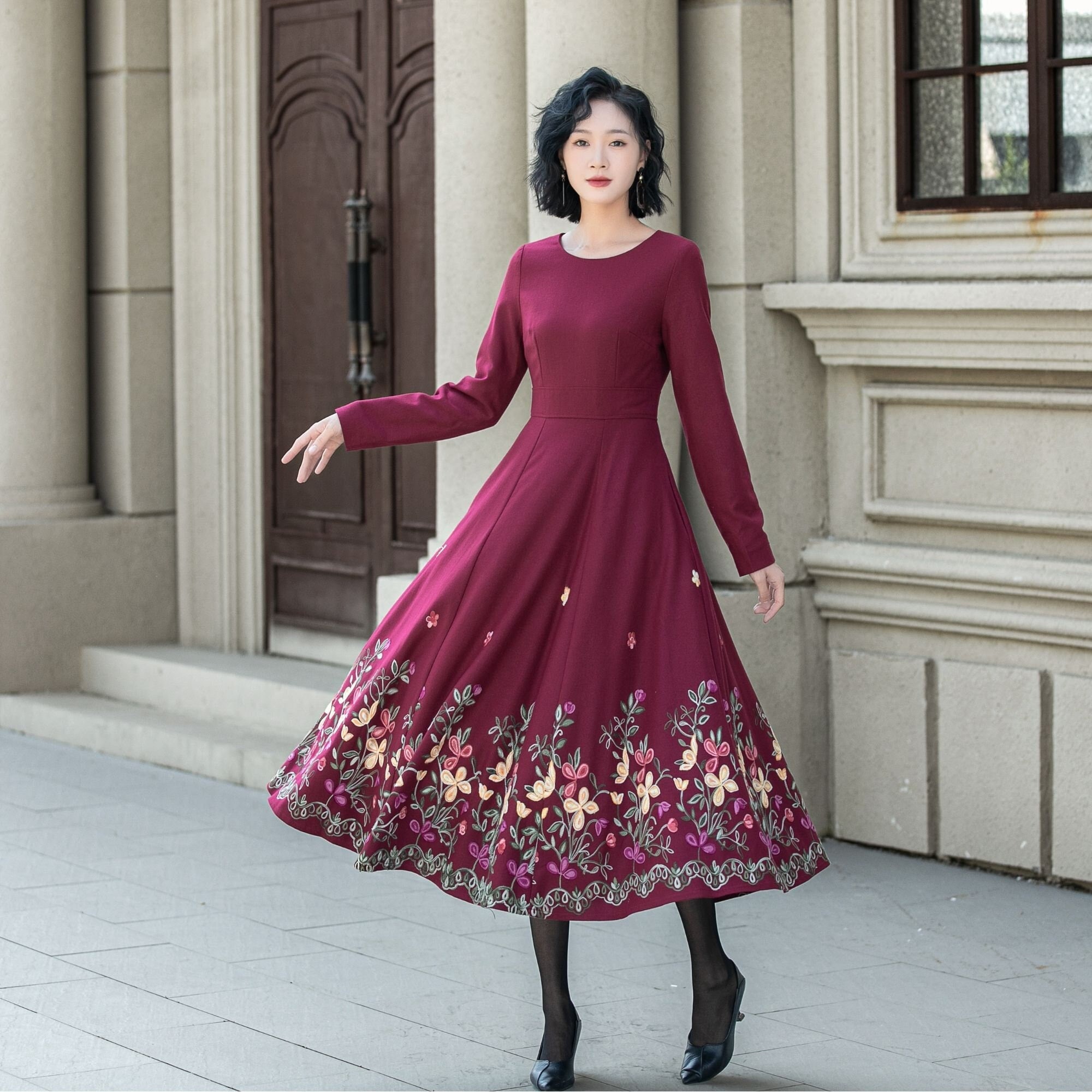 Burgundy Embroidered Dress Etsy UK