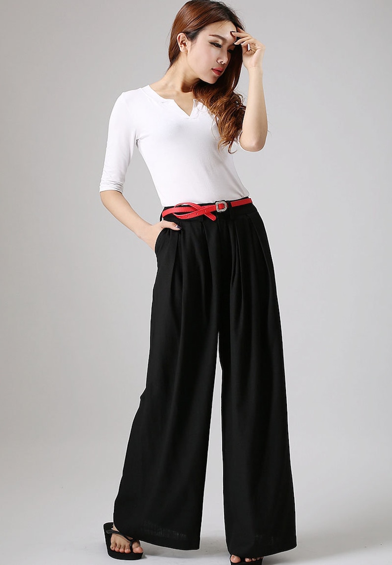 Black linen pants outfit summer casual street styles, Women's Wide leg linen pants with pockets, Long linen palazzo pants 0873 image 8