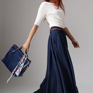 Swing Long Linen Maxi skirt for women, Navy blue walking skirt, High waist swing pleated skirt with pocket, women skirt, full skirt 1046 image 2