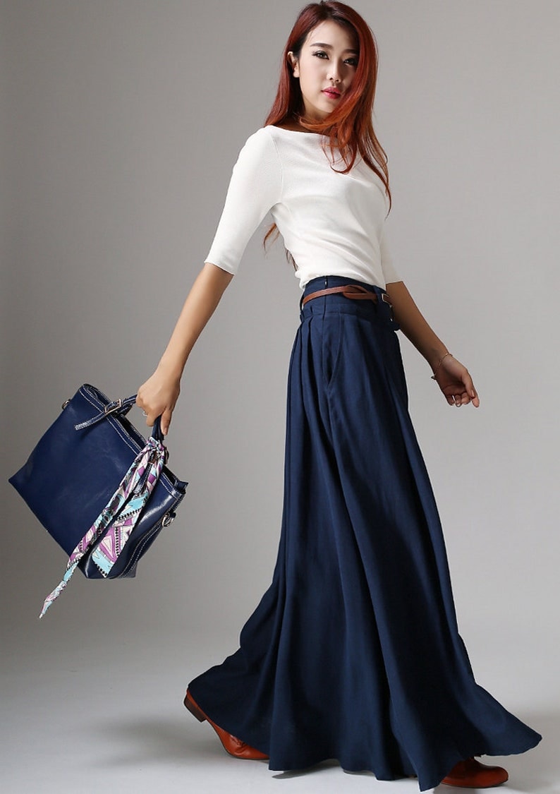 Swing Long Linen Maxi skirt for women, Navy blue walking skirt, High waist swing pleated skirt with pocket, women skirt, full skirt 1046 image 2