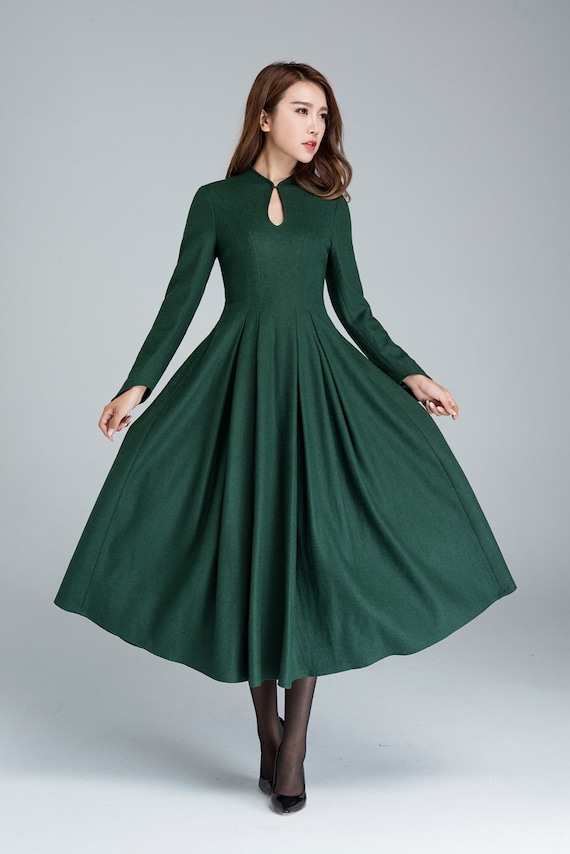 green wool dress prom dress midi dress wool dress elegant Etsy