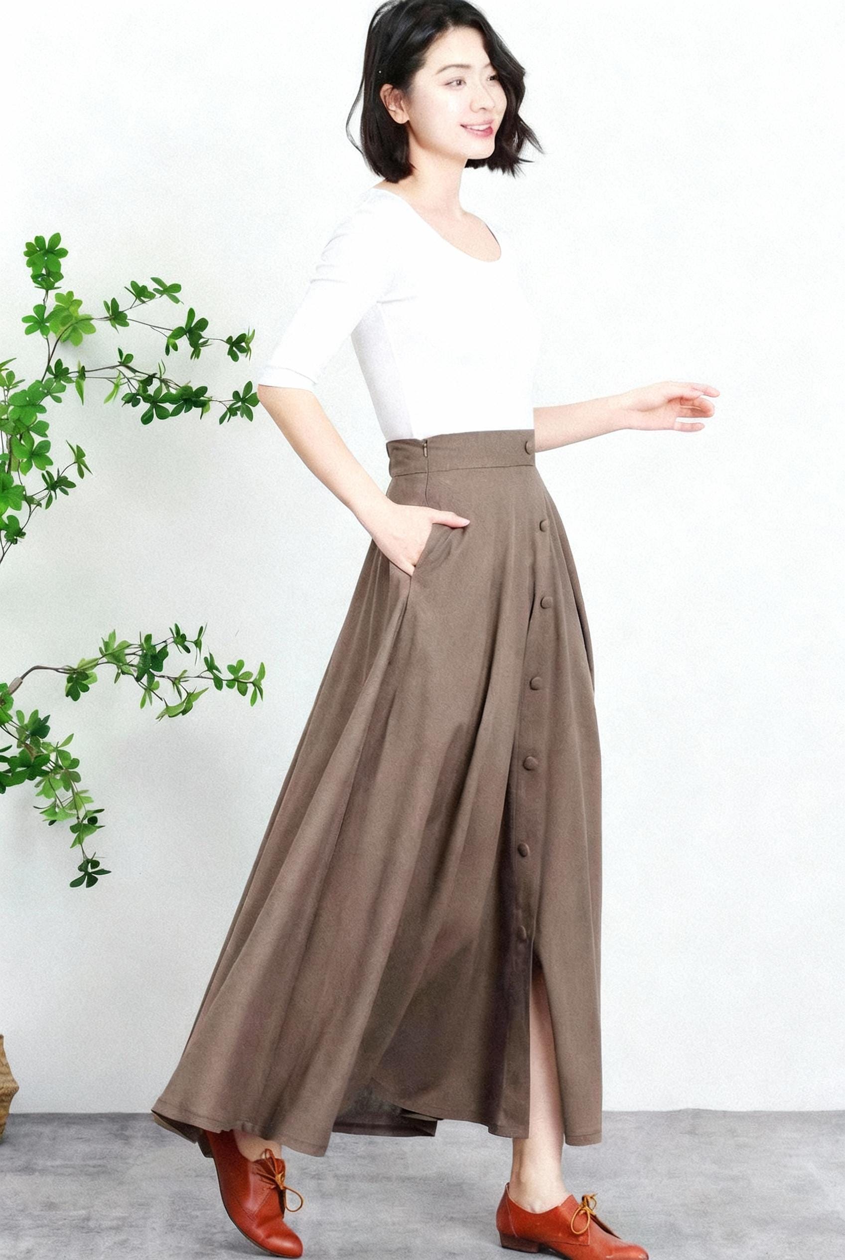Linen Maxi Skirt, Khaki Skirt Women, Swing Spring Skirt, High