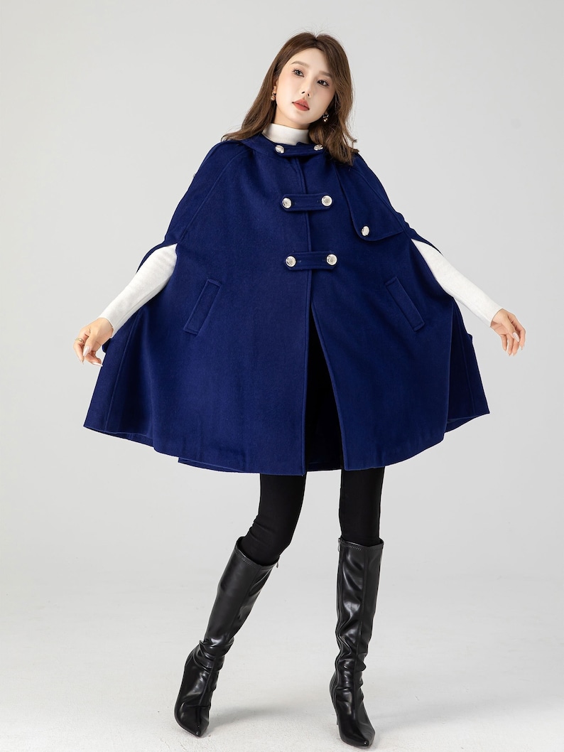 Women's Winter Blue Wool Hooded Wool Cape Coat, Plus Size Cape Coat ...