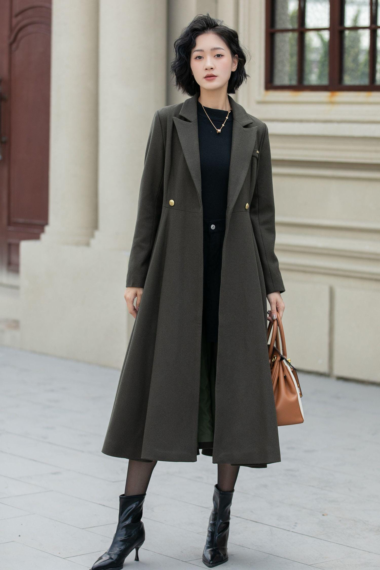 Midi Wool Coat, Army Green Wool Coat, Swing Wool Coat