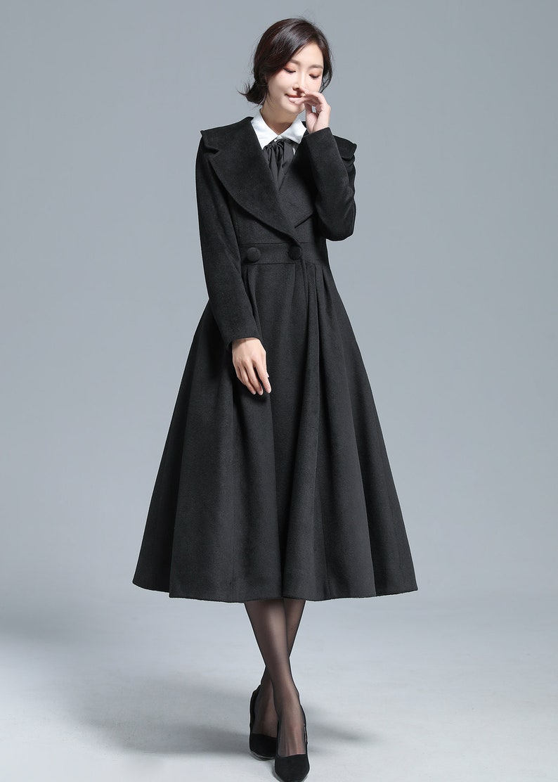 Wool Princess coat, Dress Coat, 1950s Vintage inspired Swing coat, Long wool coat women, winter coat women, fit and flare coat 1640 Black