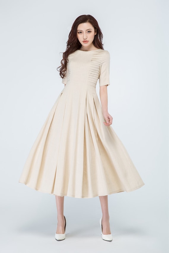 Love Me To The Moon Cream Pleated Midi Dress