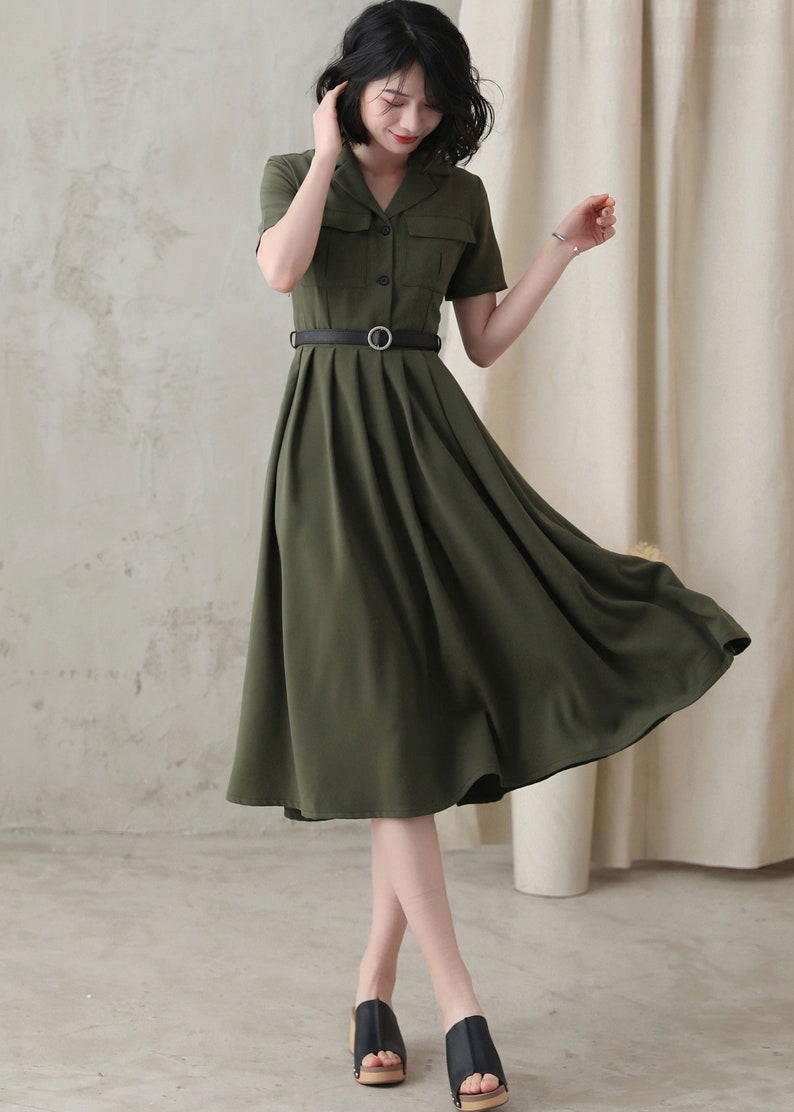 Midi shirt dress for Women, Pleated Shirt work Dress, Green Fit Flare Summer Midi Dress, Military Swing Dress, Short Sleeve Long Dress 2821 image 2