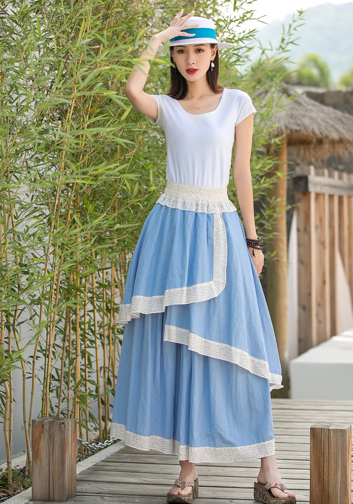 Light Blue Linen Skirt Boho Layered Long Skirt Asymmetrical Etsy