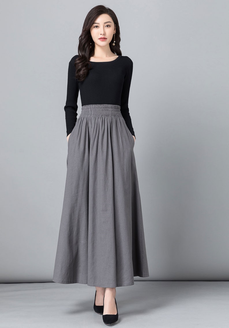 High Waist Long Pleated Swing Skirt With Pockets Gray Skirt - Etsy