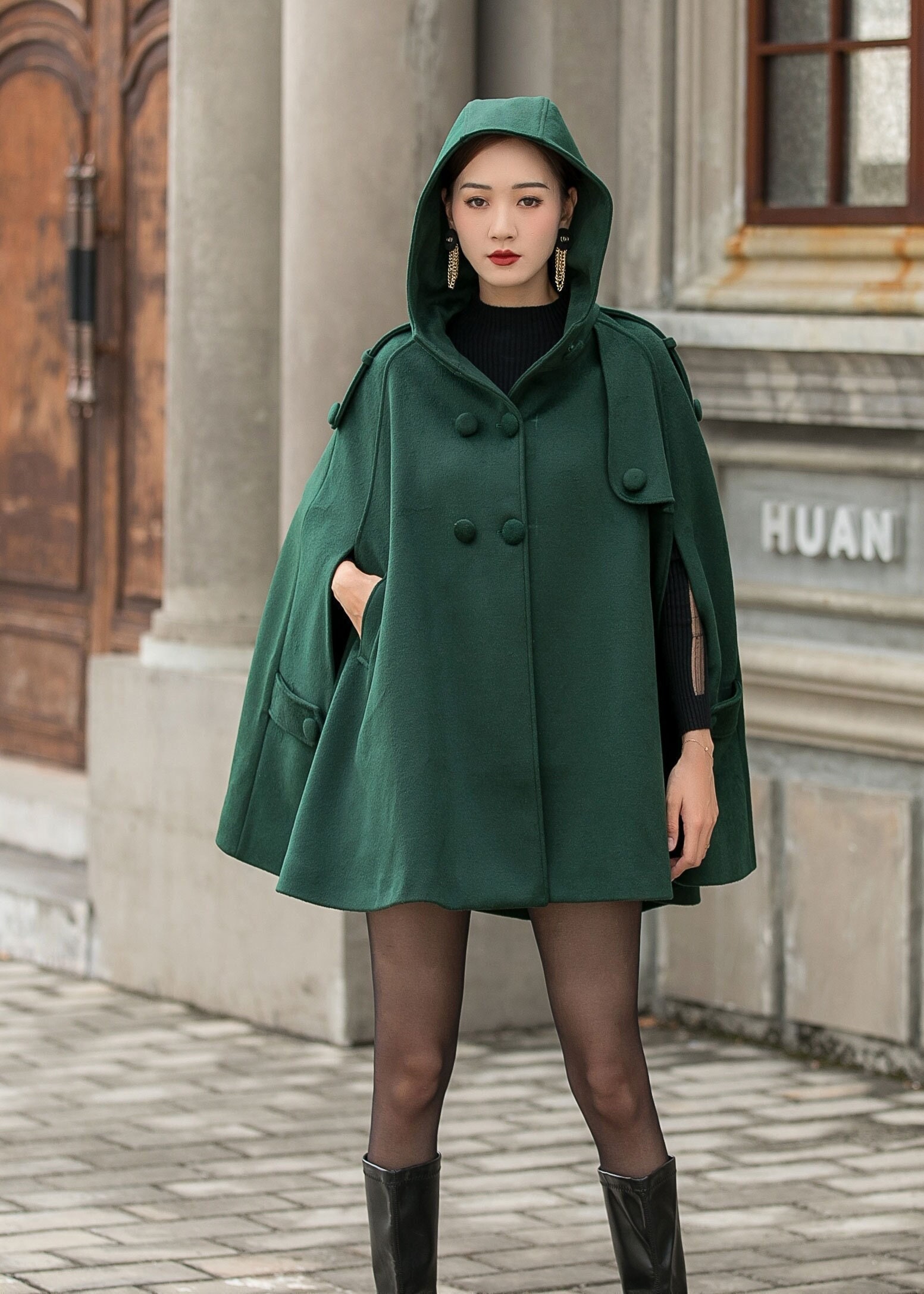 Green Hooded Wool Cape Coat Women Winter Wool Cloak Coat With Hood