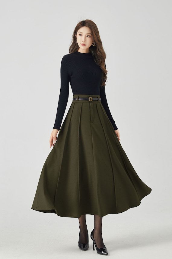 Midi Wool Skirt, Long Pleated Wool Skirt Women, Army Green