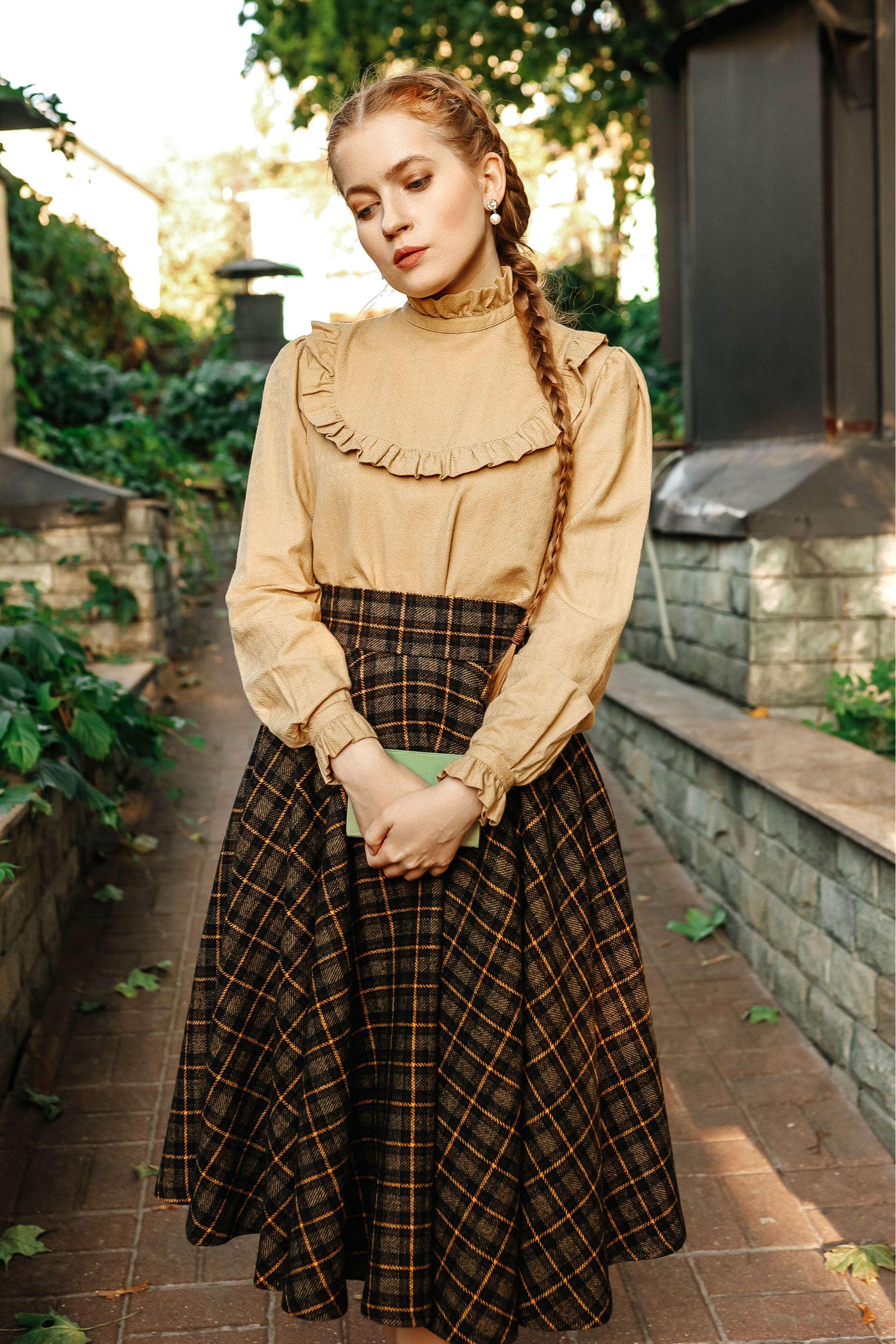[SOMEWHERE BUTTER]★Vintage check wool skirt Retro Midi Wool Skirt, Warm Wool in Dark Green, Wool Walking